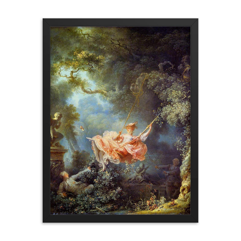 The Swing by Jean-Honore Fragonard, 1767 framed print on a plain backdrop in size 18