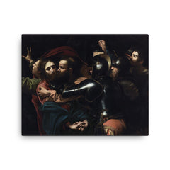 The Taking of Christ by Caravaggio canvas print on a plain backdrop in size 16"x20".