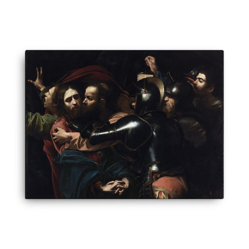 The Taking of Christ by Caravaggio canvas print on a plain backdrop in size 18