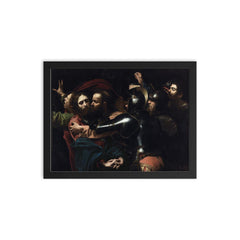 The Taking of Christ by Caravaggio framed print on a plain backdrop in size 12"x16".