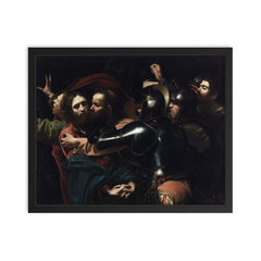 The Taking of Christ by Caravaggio framed print on a plain backdrop in size 16"x20".