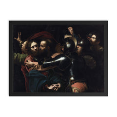 The Taking of Christ by Caravaggio framed print on a plain backdrop in size 18"x24".
