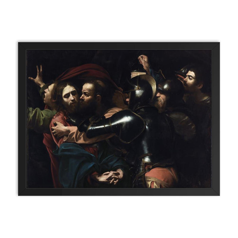 The Taking of Christ by Caravaggio framed print on a plain backdrop in size 18
