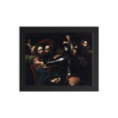 The Taking of Christ by Caravaggio framed print on a plain backdrop in size 8"x10".