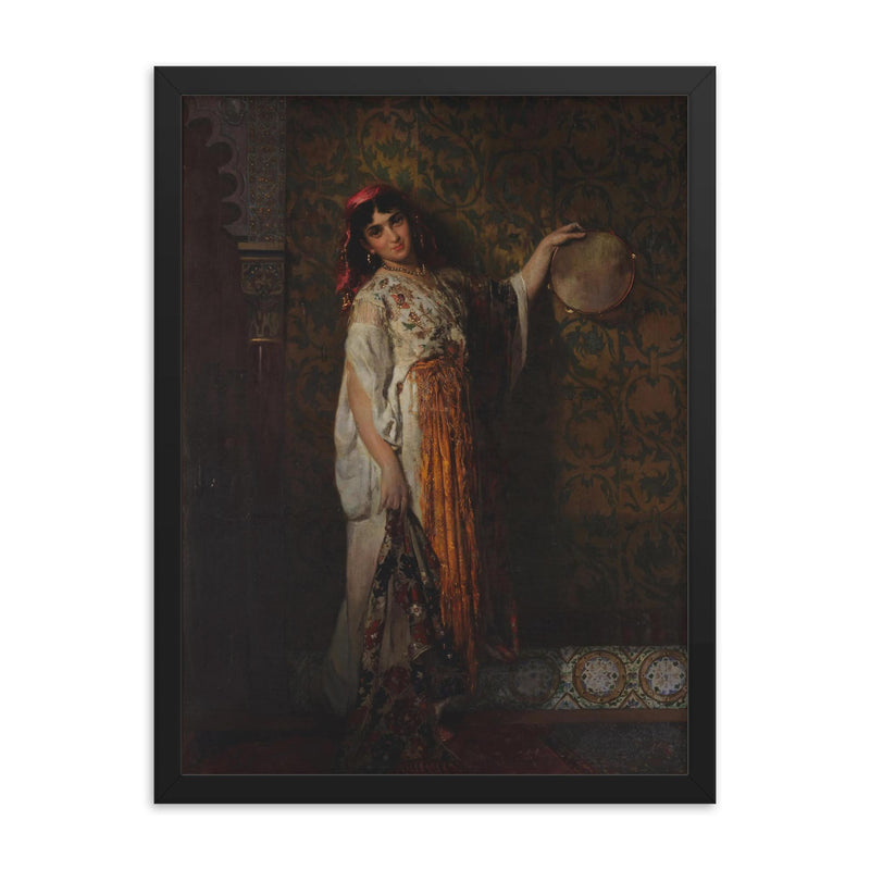 The Tambourine Player by Édouard Frédéric Wilhelm Richter, 1873 framed print on a plain backdrop in size 18