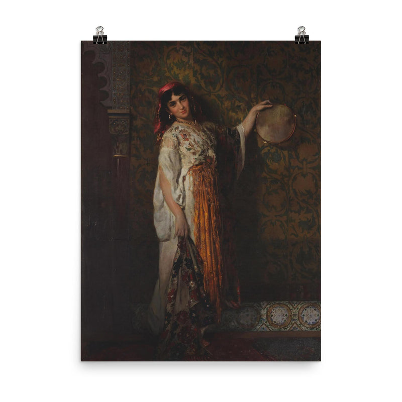 The Tambourine Player by Édouard Frédéric Wilhelm Richter, 1873 poster on a plain backdrop in size 8
