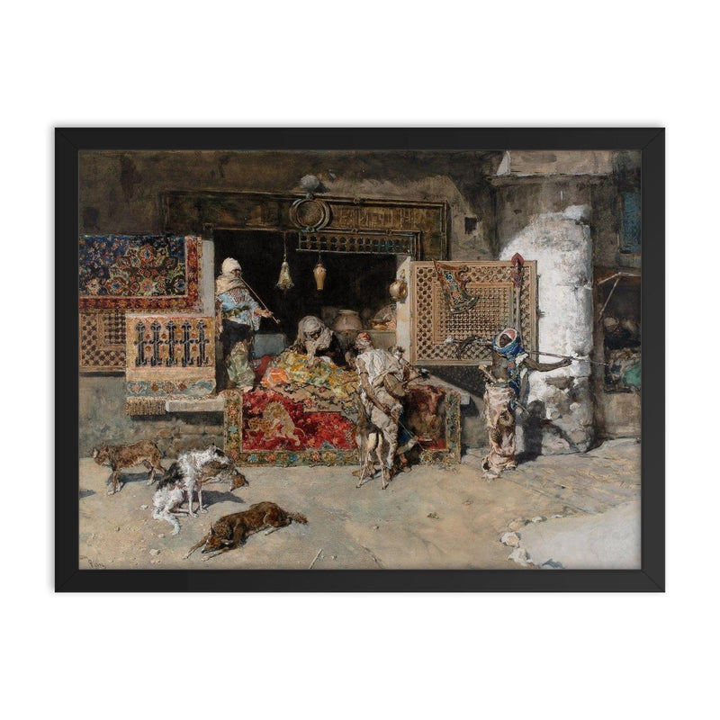 The Tapestry Seller by Mariano Fortuny, 1870 framed print on a plain backdrop in size 18