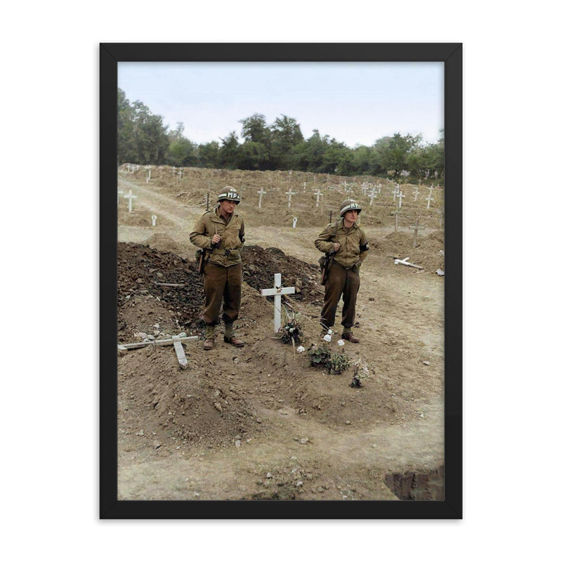 The Temporary Grave of Theodore Roosevelt in Normandy, July 1944 framed print on a plain backdrop in size 18