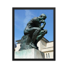 The Thinker  Rodin 1904 bronze framed print on a plain backdrop in size 16"x20".