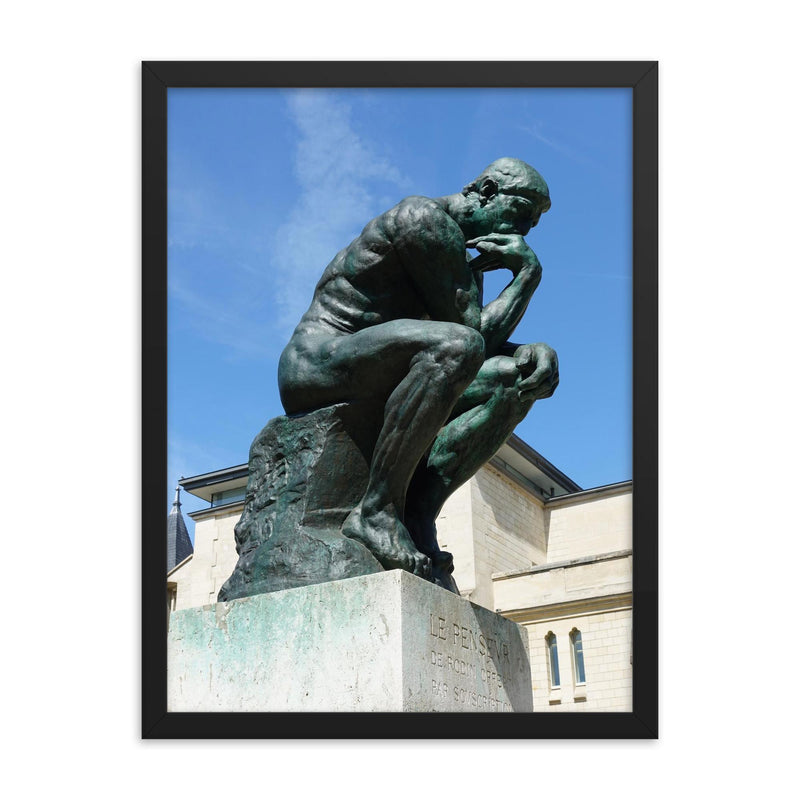 The Thinker  Rodin 1904 bronze framed print on a plain backdrop in size 18