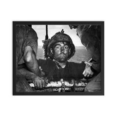 The Thousand Yard Stare - US Marine Theodore J  Miller, 1944 framed print on a plain backdrop in size 16"x20".