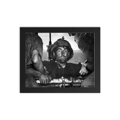 The Thousand Yard Stare - US Marine Theodore J  Miller, 1944 framed print on a plain backdrop in size 8"x10".