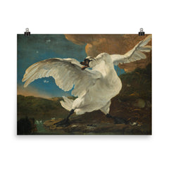 The Threatened Swan by Jan Asselijn, c. 1650 poster on a plain backdrop in size 8"x10".