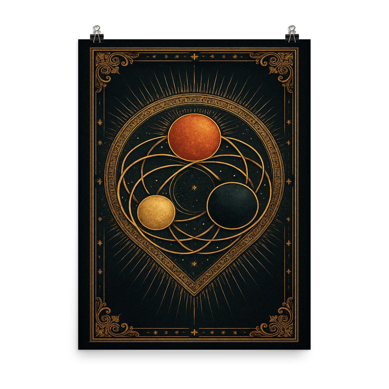 The Three Body Problem as sacred orbital icon poster on a plain backdrop in size 8