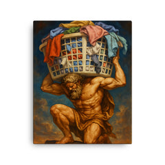 The titan Atlas holding up a giant overflowing laundry basket instead of the sky canvas print on a plain backdrop in size 16"x20".