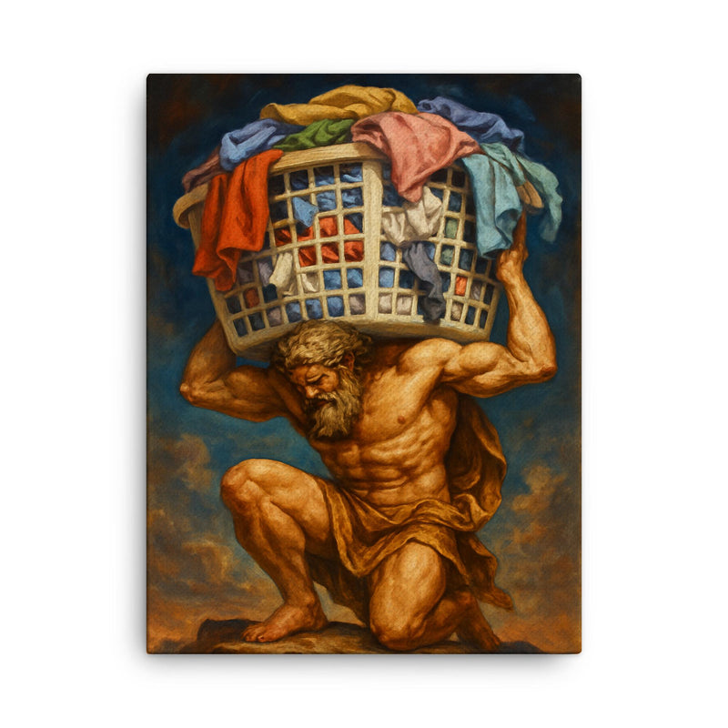 The titan Atlas holding up a giant overflowing laundry basket instead of the sky canvas print on a plain backdrop in size 18