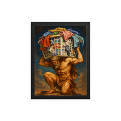The titan Atlas holding up a giant overflowing laundry basket instead of the sky framed print on a plain backdrop in size 12"x16".