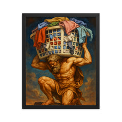 The titan Atlas holding up a giant overflowing laundry basket instead of the sky framed print on a plain backdrop in size 16"x20".