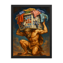 The titan Atlas holding up a giant overflowing laundry basket instead of the sky framed print on a plain backdrop in size 18"x24".