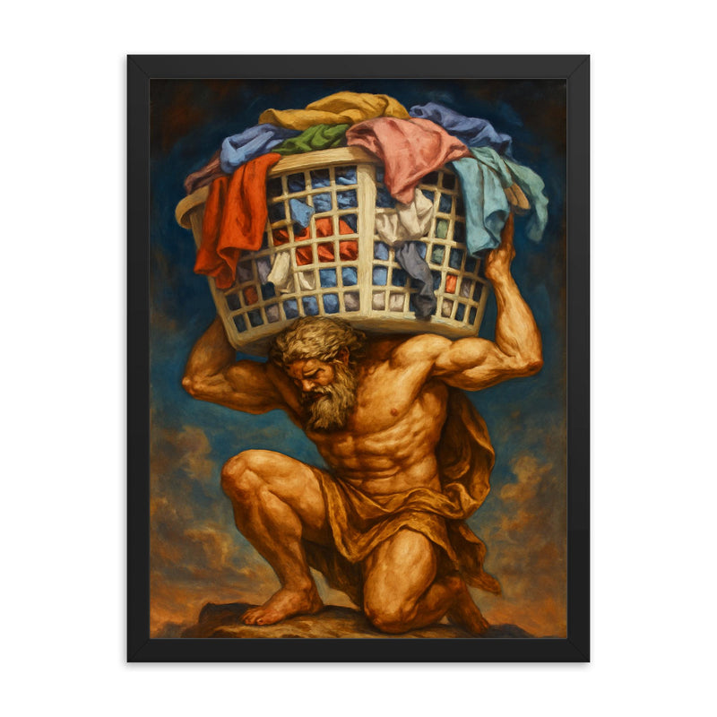 The titan Atlas holding up a giant overflowing laundry basket instead of the sky framed print on a plain backdrop in size 18