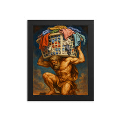 The titan Atlas holding up a giant overflowing laundry basket instead of the sky framed print on a plain backdrop in size 8"x10".