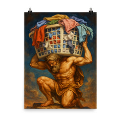 The titan Atlas holding up a giant overflowing laundry basket instead of the sky poster on a plain backdrop in size 8"x10".