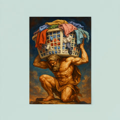 The titan Atlas holding up a giant overflowing laundry basket instead of the sky poster 8