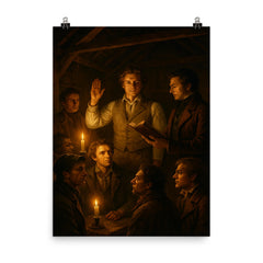 The Tolpuddle Martyrs oath in candlelit barn poster on a plain backdrop in size 8"x10".