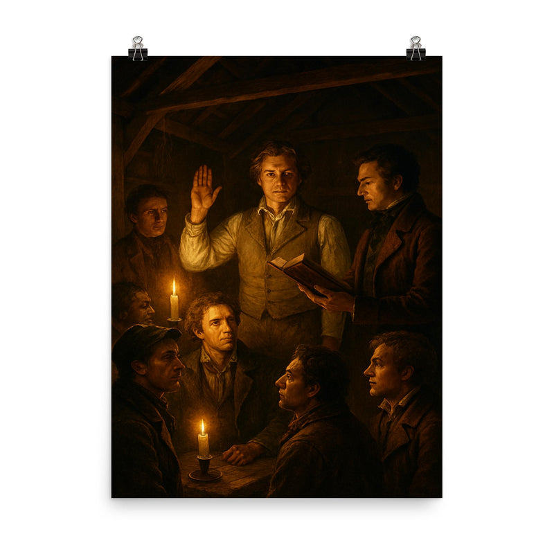 The Tolpuddle Martyrs oath in candlelit barn poster on a plain backdrop in size 8
