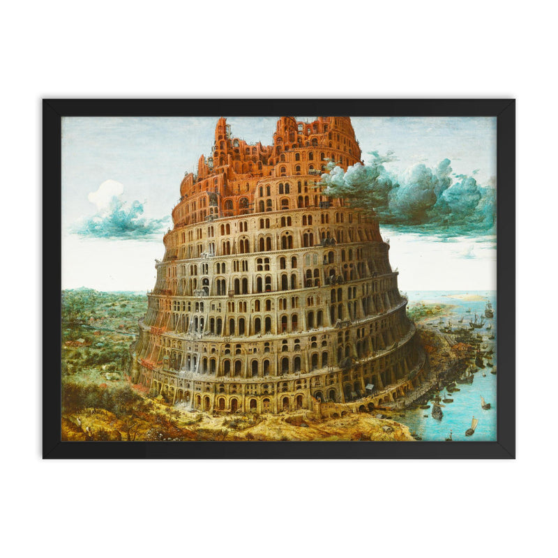 The Tower of Babel by Pieter Bruegel the Elder, 1563 framed print on a plain backdrop in size 18