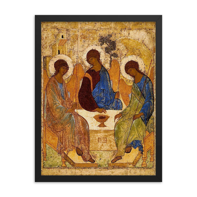 The Trinity by Andrei Rublev framed print on a plain backdrop in size 18