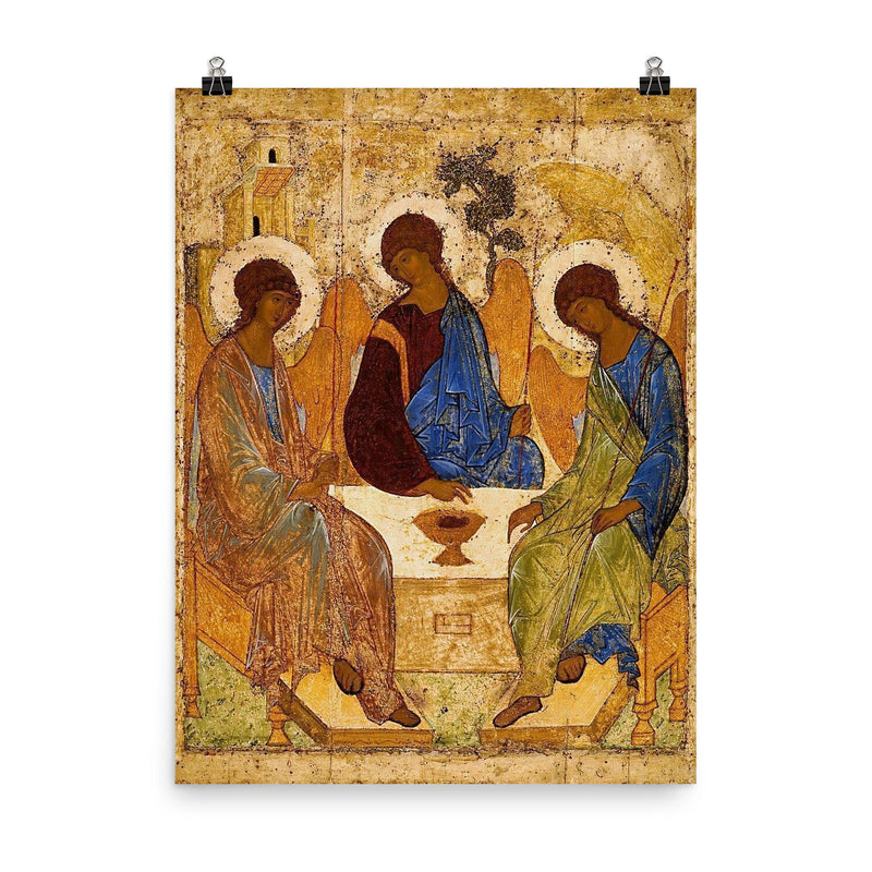 The Trinity by Andrei Rublev poster on a plain backdrop in size 8