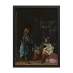 The Unwelcome News by Gerard ter Borch, 1653 framed print on a plain backdrop in size 18"x24".