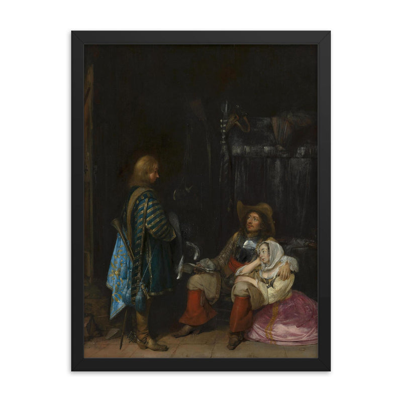 The Unwelcome News by Gerard ter Borch, 1653 framed print on a plain backdrop in size 18