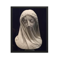 The Veiled Virgin by Giovanni Strazza, 1850 framed print on a plain backdrop in size 16"x20".