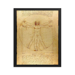 The Vitruvian Man by Leonardo da Vinci framed print on a plain backdrop in size 16"x20".