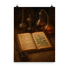 The Voynich Manuscript opened under alchemical instruments poster on a plain backdrop in size 8"x10".