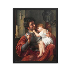 The Warrior and His Child by Theodor Hildebrandt, 1832 framed print on a plain backdrop in size 16"x20".