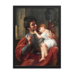 The Warrior and His Child by Theodor Hildebrandt, 1832 framed print on a plain backdrop in size 18"x24".