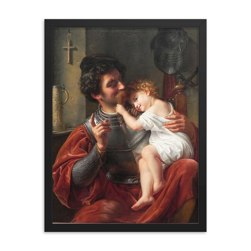 The Warrior and His Child by Theodor Hildebrandt, 1832 framed print on a plain backdrop in size 18