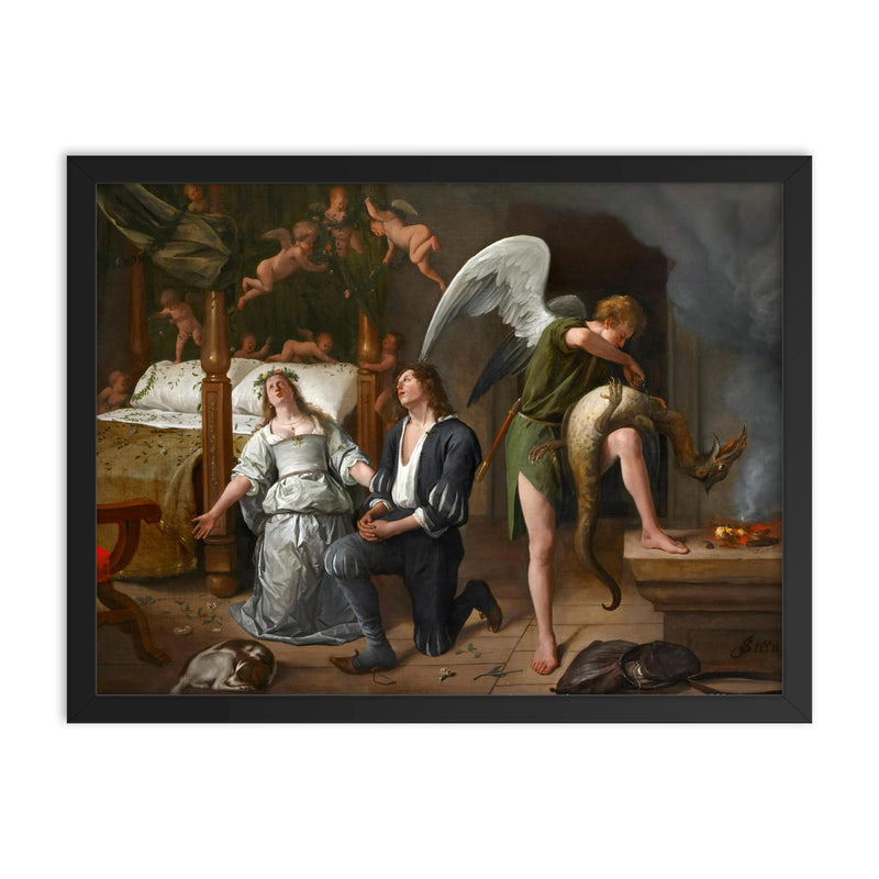 The Wedding of Tobias and Sarah by Jan Steen framed print on a plain backdrop in size 18