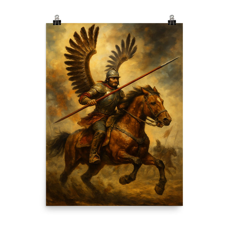 The Winged Hussar at Vienna charge moment poster on a plain backdrop in size 8
