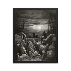 The Wolves and the Sheep by Gustave Dore, 1867 framed print on a plain backdrop in size 16"x20".