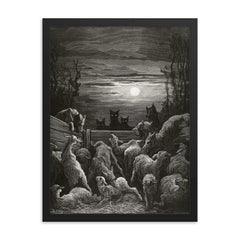 The Wolves and the Sheep by Gustave Dore, 1867 framed print on a plain backdrop in size 18"x24".