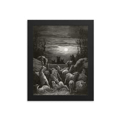 The Wolves and the Sheep by Gustave Dore, 1867 framed print on a plain backdrop in size 8"x10".