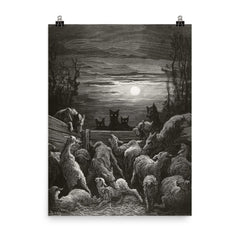 The Wolves and the Sheep by Gustave Dore, 1867 poster on a plain backdrop in size 8"x10".