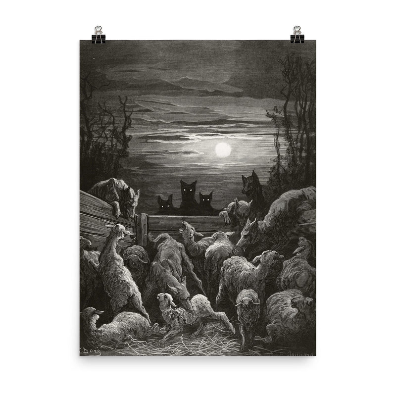 The Wolves and the Sheep by Gustave Dore, 1867 poster on a plain backdrop in size 8