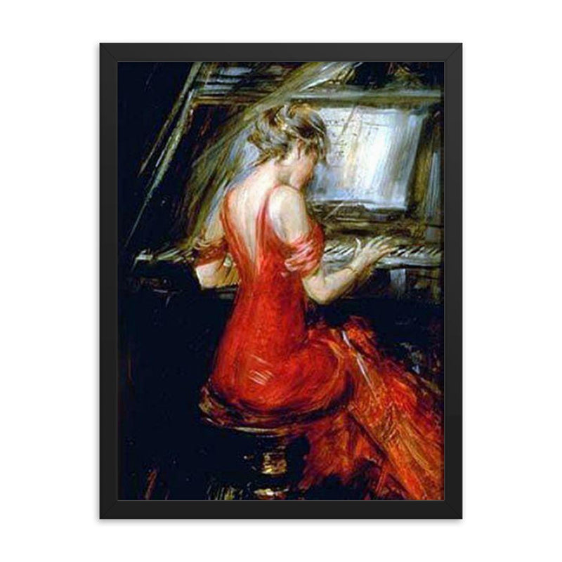 The Woman in Red by Giovanni Boldini framed print on a plain backdrop in size 18