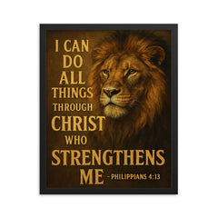 The words 'I can do all things through Christ who strengthens me Philippians 413' with the face of a majestic looking lion inspirational art framed print on a plain backdrop in size 16"x20".