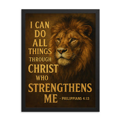 The words 'I can do all things through Christ who strengthens me Philippians 413' with the face of a majestic looking lion inspirational art framed print on a plain backdrop in size 18"x24".